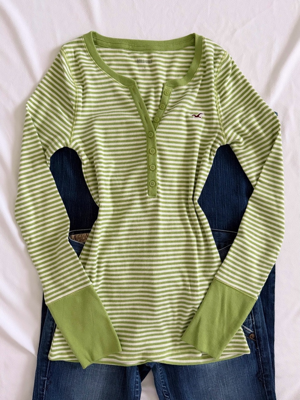 Hollister Light Green and White Striped Henley Long Sleeve